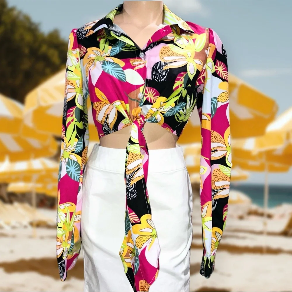 Metamorphosis Girl Tropical Floral Crop Top Blouse Long Sleeve Button Up Sz M